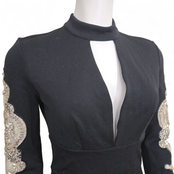 Bebe Vtg Y2K Black Mini Dress S Plunge Neck Sheer Sleeve Rhinestones Open Back - Picture 3 of 14